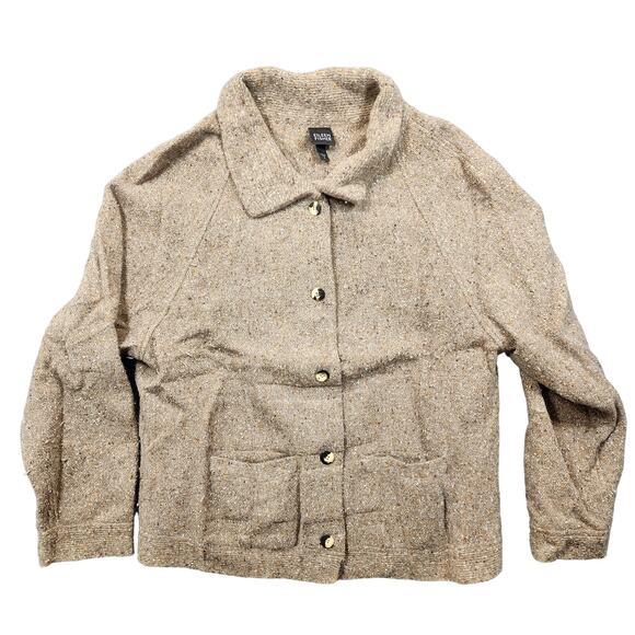 Eileen Fisher Womens Cardigan Sweater XL Tan Wool Angora Silk Granola Collar - Picture 1 of 16